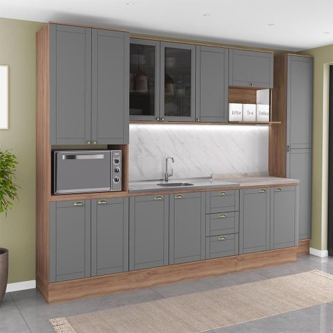 Cozinha Milla Cadenza 14 Portas 3 Gavetas MDF-MDP 310cm Cinza Titânio Móveis Carraro