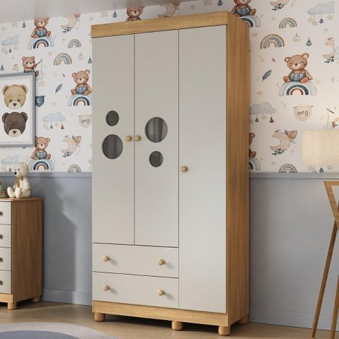Guarda-roupa Infantil 92cm com Vidro 3 Portas e 2 Gavetas Bombom Multimóveis Mp4462 Madeirado/off