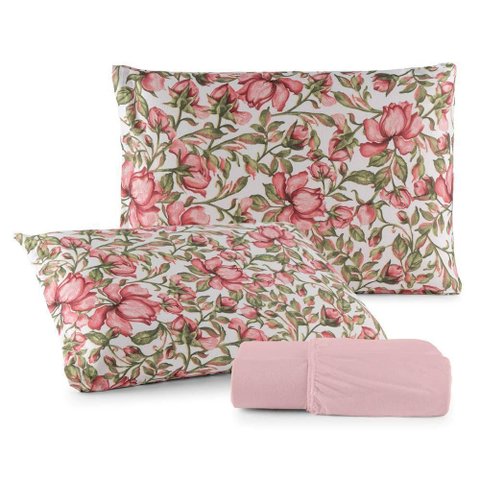 Jogo de Lençol Luar Casal 3 Peças Malha 100% Algodão Estampado Rose Floral
