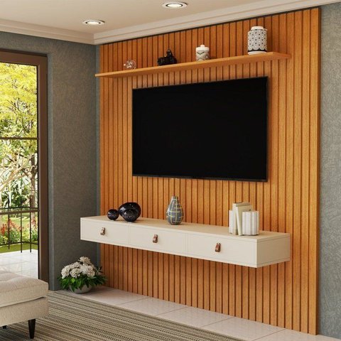 Painel para TV até 60 Polegadas Ripado MDF 250CMX229CM Royale Yescasa Naturale/Off White