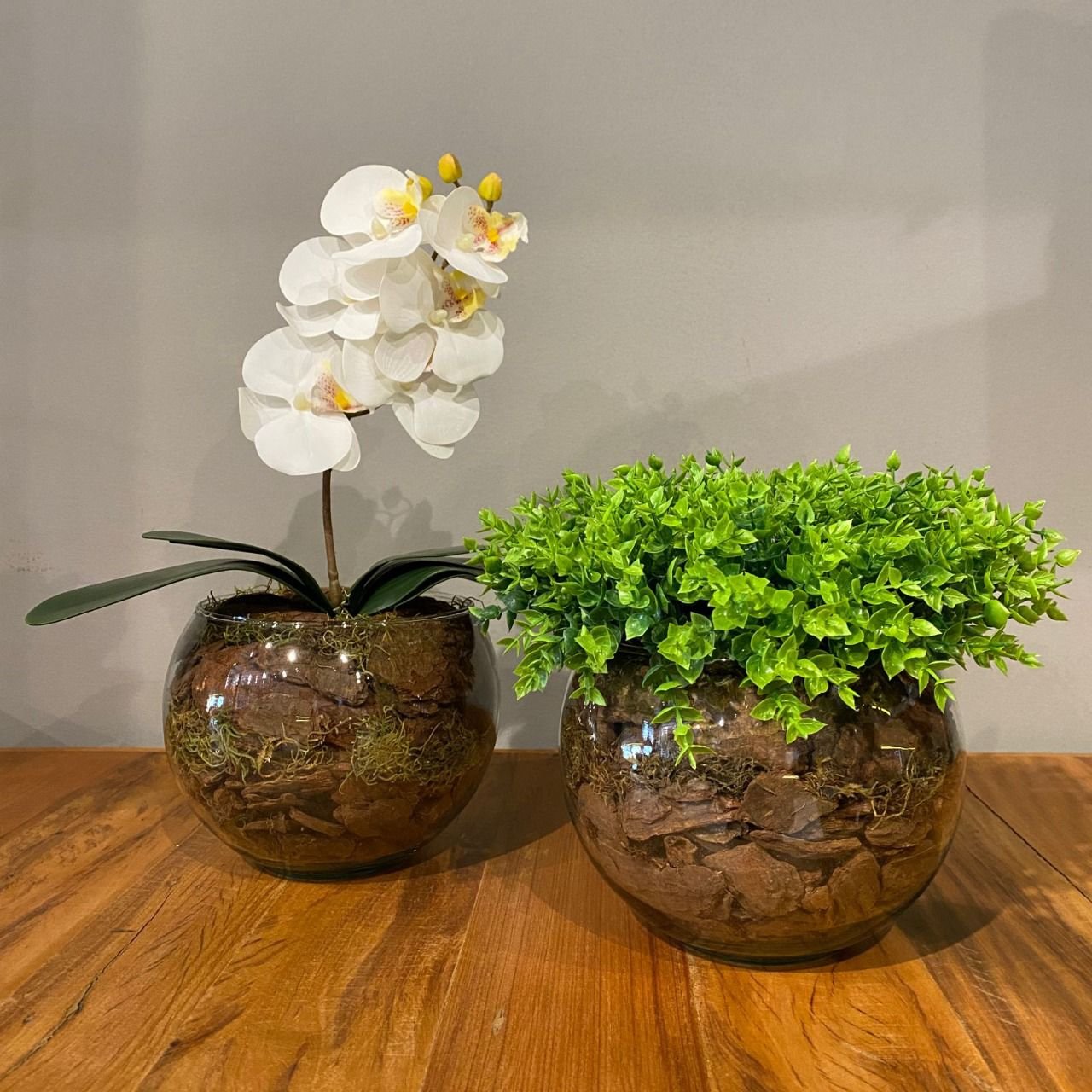 Kit 2 Arranjos Orquídea Branca e Verdinho Vaso de Vidro - 2