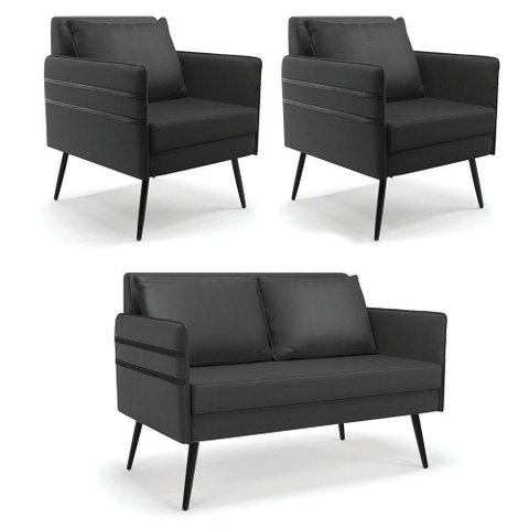 Kit 01 Namoradeira e 02 Poltronas Corino Preto