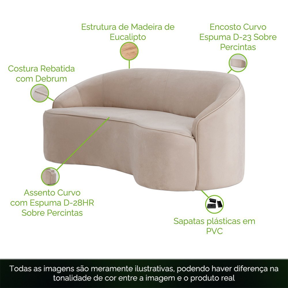 Sofá Curvo Montserrat 180cm 03 Lugares Veludo Off White - CasaePoltrona - 5