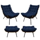 Ver imagem 1 de Kit 02 Poltronas e 02 Puffs Costela Base Fixa Suede - Doce Sonho Móveis - Azul Marinho