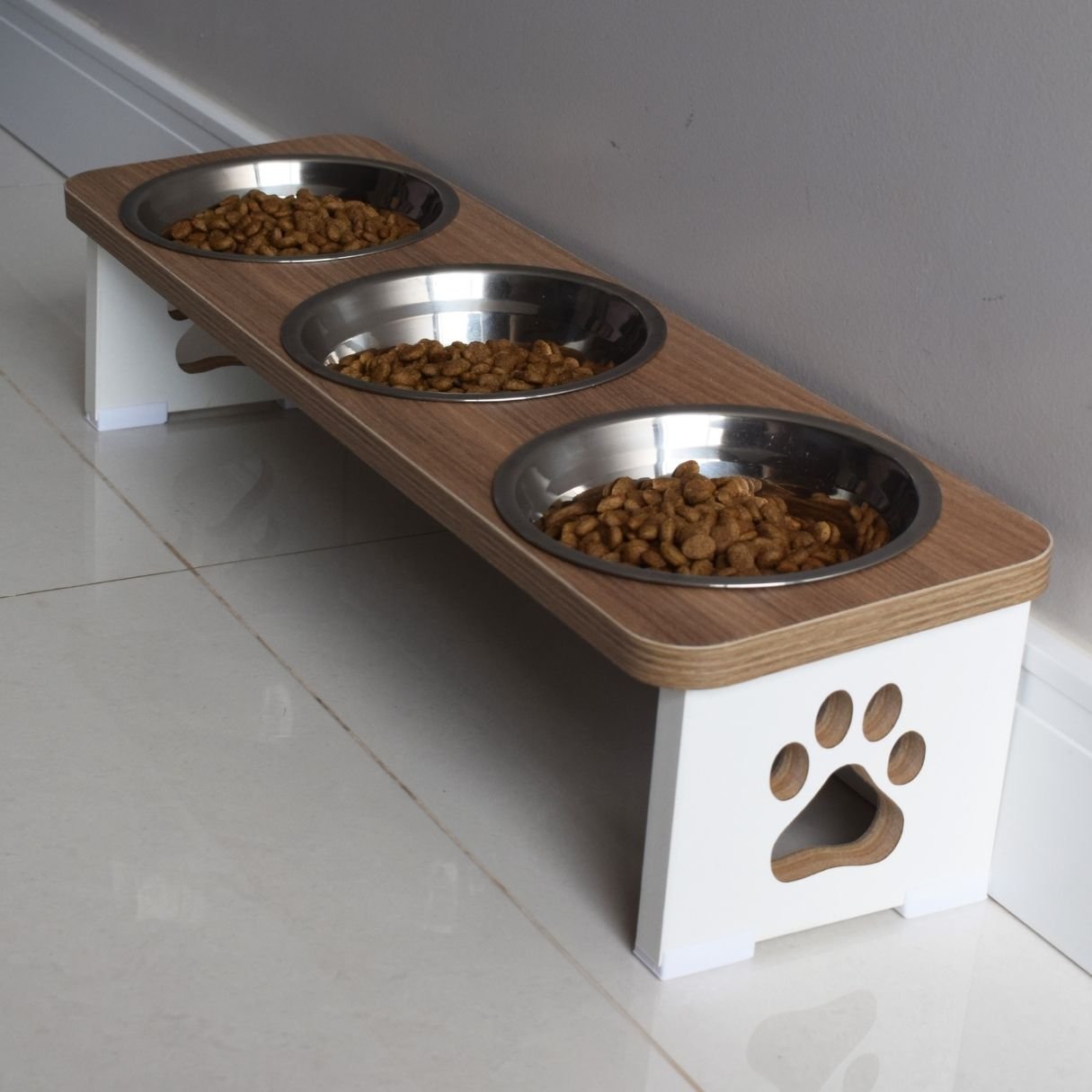 Comedouro Elevado Triplo Pet Cachorro Mdf - Inox - 5