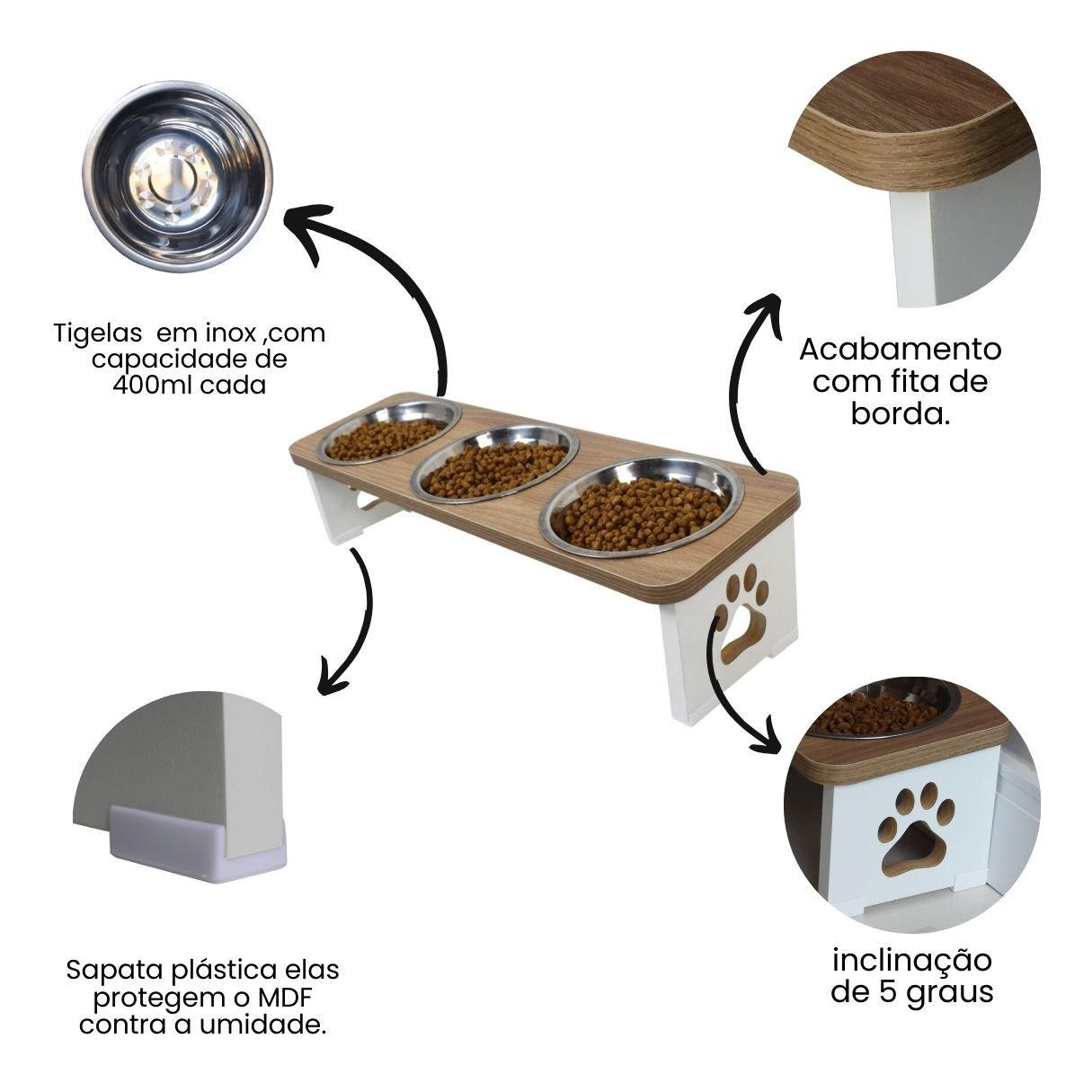 Comedouro Elevado Triplo Pet Cachorro Mdf - Inox - 4