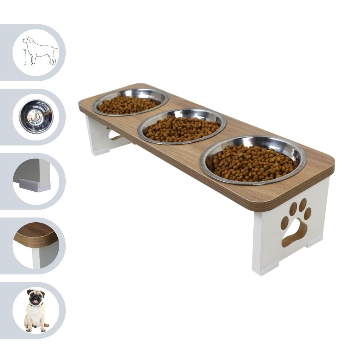 Comedouro Elevado Triplo Pet Cachorro Mdf - Inox