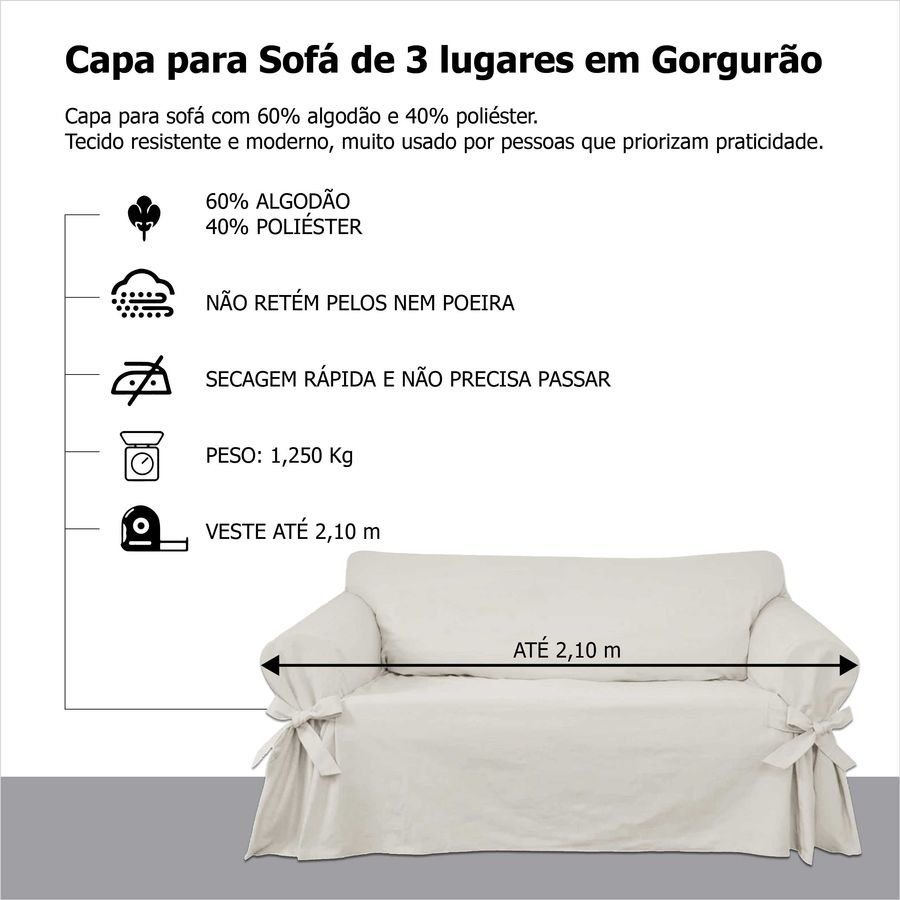 Capa para Sofá de 3 lugares em Gorgurão Cor:Bege - 5