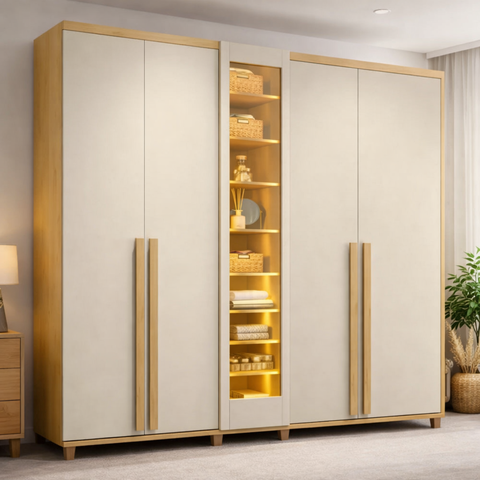 Guarda-Roupa Casal Áustria 5 Portas 1 Porta com Vidro Reflecta com LED e 3 Gavetas Internas 