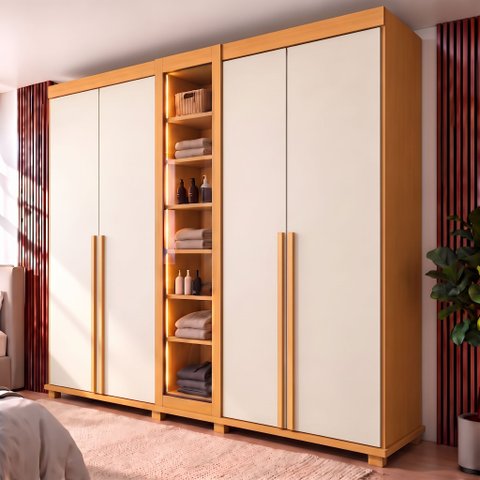 Guarda-Roupa Casal Reflecta 5 Portas 3 Gavetas com LED Cinamomo/Off White Austria