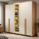 Ver imagem 1 de Guarda-Roupa Casal Áustria 5 Portas 1 Porta com Vidro Reflecta com LED e 3 Gavetas Internas Marrom/Cinamomo/Off White