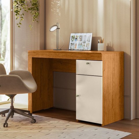 Mesa Escrivaninha para Computador Home Office 2 Gavetas Porta Canela Off