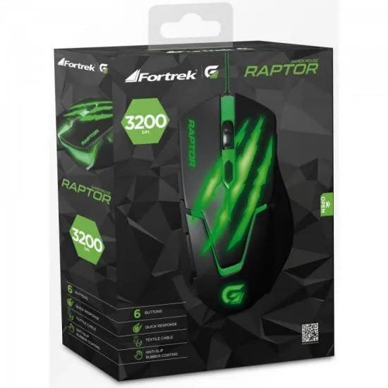 Mouse Gamer USB 3200DPI RAPTOR OM-801 Preto/Verde FORTREK - 6