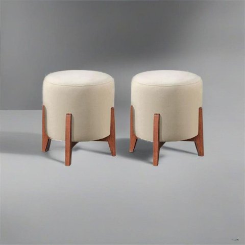 Kit 2 Puff Decorativo para Sala Redondo Luxo Viena Linho Marfim