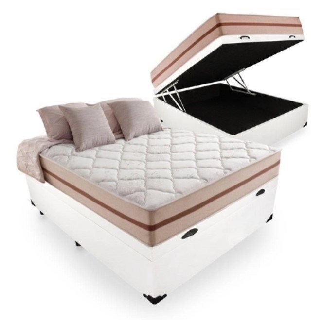 Cama Box Baú Viúva Tecido Sintético Branco com Colchão Pillow Angel - Bello Box - Molas Ensacadas 62