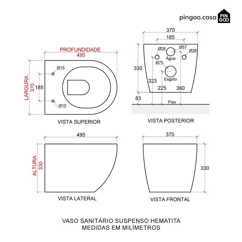 Vaso Sanitário Porcelana Suspenso Saída Horizontal Hematita Preto ...
