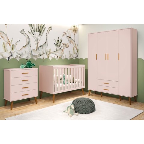 Kit Comoda Gaveteiro e Guarda Roupa Isis Pés Retrô 4 Portas 2 Gavetas Rosa Fosco Infantil - Reller