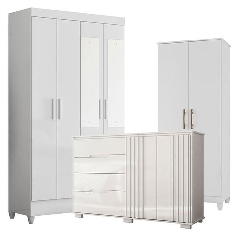 Guarda Roupa com Espelho Infantil Madri com Cômoda Texas e Armário Multiuso Jade Branco Brilho – Mov