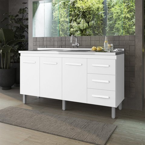 Balcão para Pia Diana sem Tampo 150 cm 3 Porta 3 Gavetas: Branco