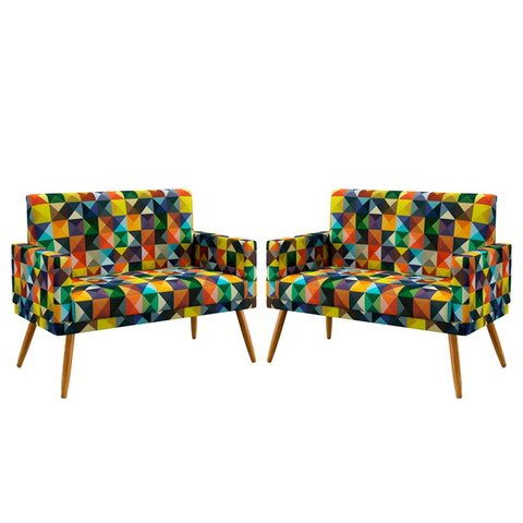 Kit 2 Poltronas Namoradeira Vega com Rodapé Suede Estampado Colorido Aradecor