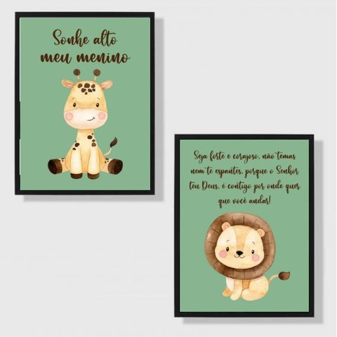 Kit 2 Quadros Infantil Tema Safari Sonhe Alto 33x24cm - com Vidro:madeira Branca