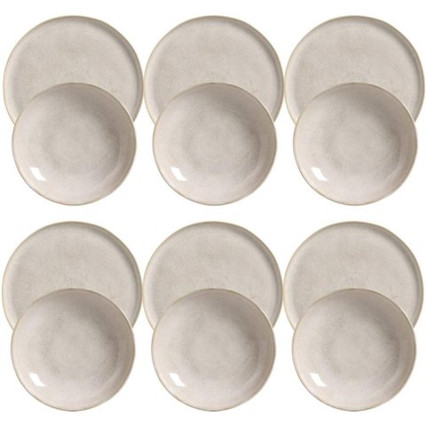 Conjunto 6 Pratos Fundos 22cm 6 Pratos Rasos 27cm Cerâmica Porto Brasil Off White Bio Latte