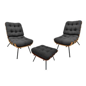 Kit 02 Poltronas e 01 Puff Costela Suede Grafite