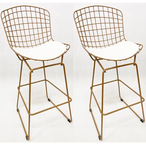 Kit 2 Banquetas para Cozinha média Bertoia cor Dourado fosco assento branco altura 60cm -