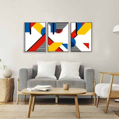 Quadro Decorativo Formas Abstratas e Geométricas em 3 Telas com Moldura Filete