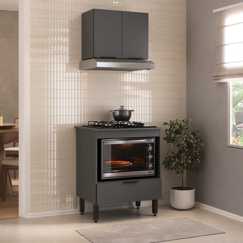 Kit Cozinha Compacta Modulada 2 Peças Balcão Cooktop e Armário Aéreo 2 Portas Yescasa Cinza/Grafite