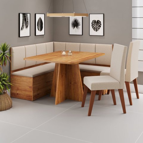 Conjunto Canto Alemão com Baú Mesa 120x77,5cm Tampo sem Vidro com 2 Cadeiras Milão Bronze/Mel