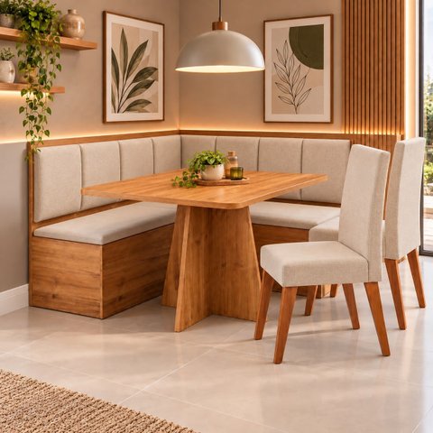 Conjunto Canto Alemão com Baú Mesa 120x77,5cm Tampo sem Vidro com 2 Cadeiras Milão Bronze/Mel