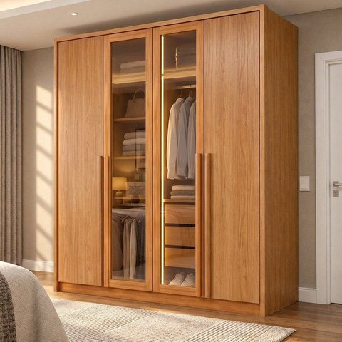 Guarda Roupa Solteiro 4 Portas 3 Gavetas e Vidro Reflecta 164cm com LED 100% MDF Imperiale Premium