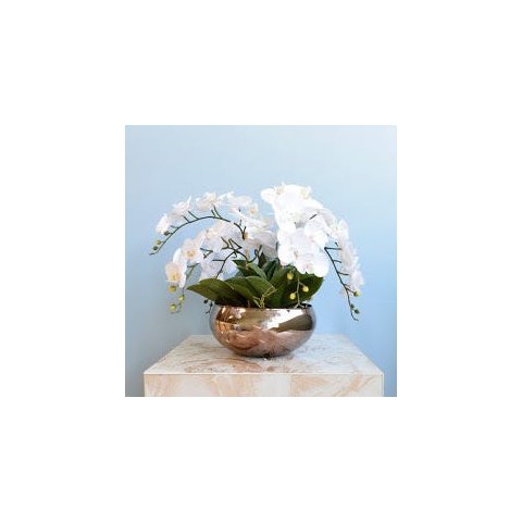 Arranjo Artificial com Seis Hastes de Orquídeas Branca 3D no Vaso Bronze