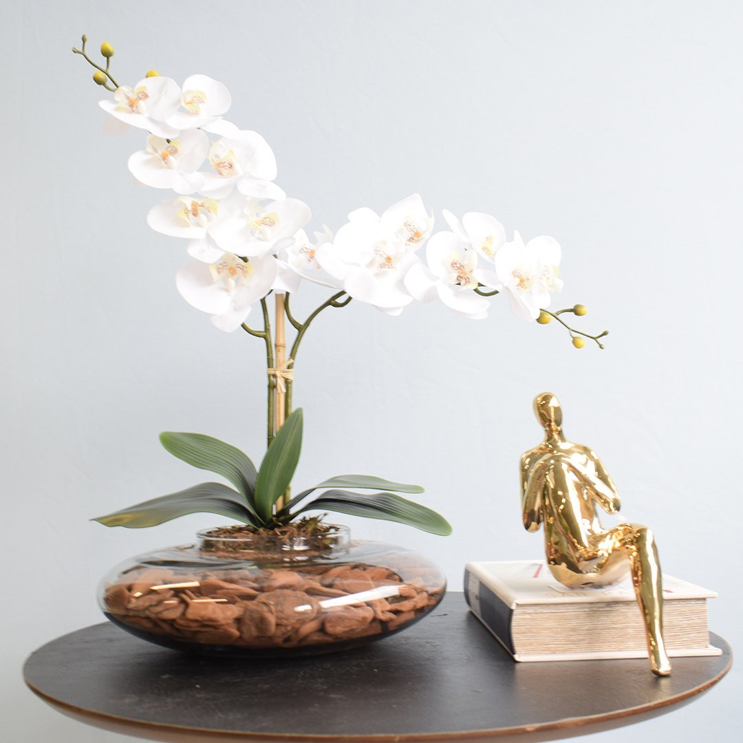 Arranjo com Duas Orquídeas Artificiais Branca no Vaso de Vidro Transparente - 3