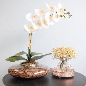 Arranjo de Orquídea Branca de Silicone No Vaso Vidro Transparente | Linha Permanente Formosinha
