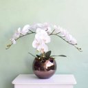 Ver imagem 1 de Arranjo de Flores Artificiais |Arranjo de Orquídeas Silicone Brancas no Vaso Vidro Bronze