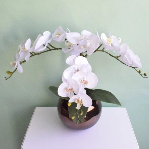 Arranjo de Flores Artificiais |Arranjo de Orquídeas Silicone Brancas no  Vaso Vidro Bronze | MadeiraMadeira