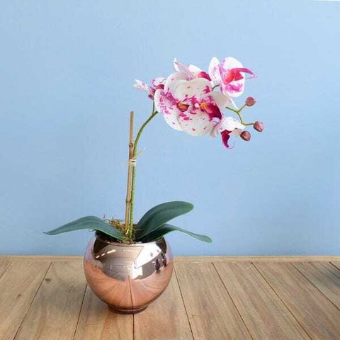 Arranjo de Orquídea Artificial 3D Tigre No Vaso Rose Gold | Linha Permanente Formosinha