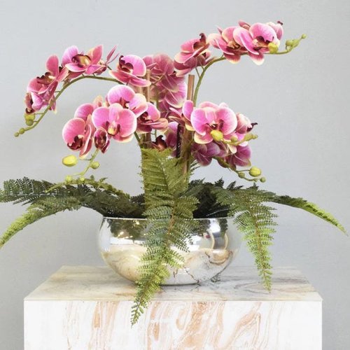 Arranjo de Orquídeas Artificial Rosa e Samambaia no Vaso Prateado|Linha  permanente Formosinha | MadeiraMadeira
