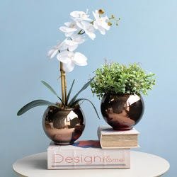 Arranjo de Orquídea Artificial Branca no Vaso Bronze - 4