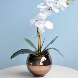 Arranjo de Orquídea Artificial Branca no Vaso Bronze - 2