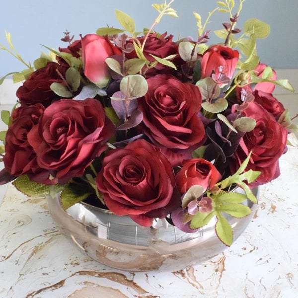 Flores Artificiais Arranjo de Flores Rosas Vermelhas Artificial No Vaso Bronze|Linha Permanente - 2