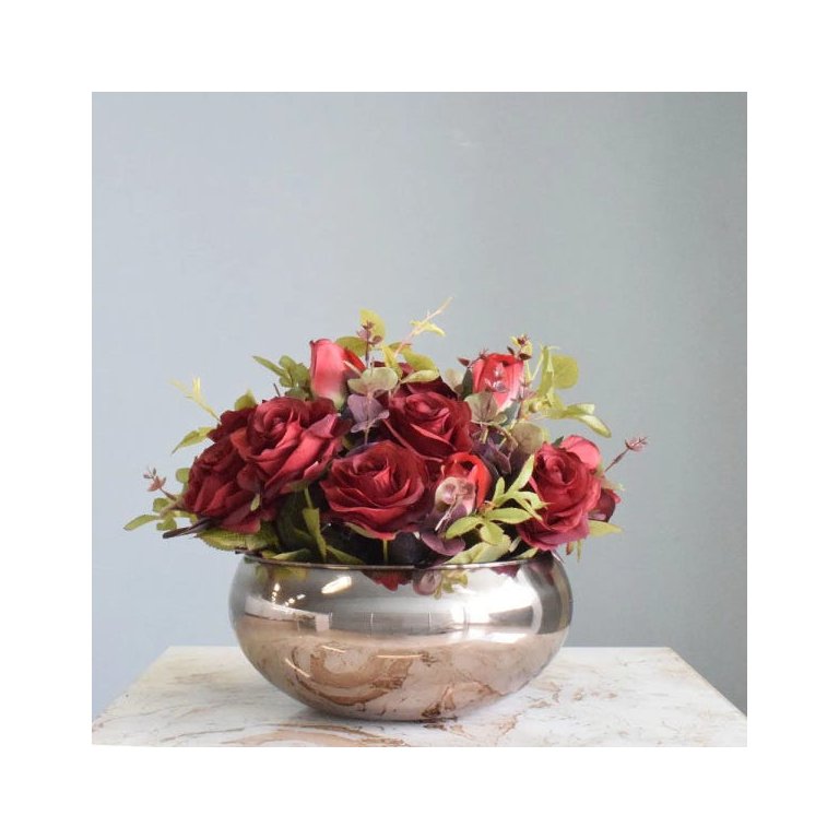 Flores Artificiais Arranjo de Flores Rosas Vermelhas Artificial No Vaso Bronze|Linha Permanente
