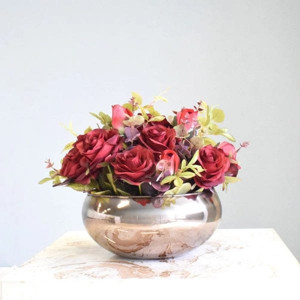 Flores Artificiais Arranjo de Flores Rosas Vermelhas Artificial No Vaso Bronze|Linha Permanente - 3