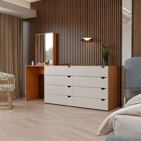 Cômoda Veneza 8 Gavetas com Espelho Creme/Freijó - Panorama Móveis