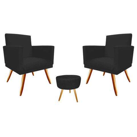 Kit 2 Poltronas Decorativa Nina + Puff Redondo Suede Preto Pés Madeira Mz Decor
