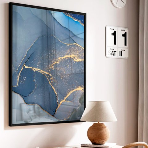 Quadro Decorativo Abstrato Mármore Azul Clean em Moldura Caixa TaColado Moldura Trad 1cm Branca com 