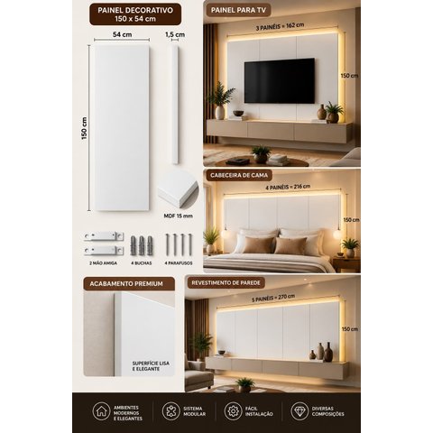 Painel Decorativo Modular Florêncio 150x54cm MDF 15mm Branco para TV e Cabeceira