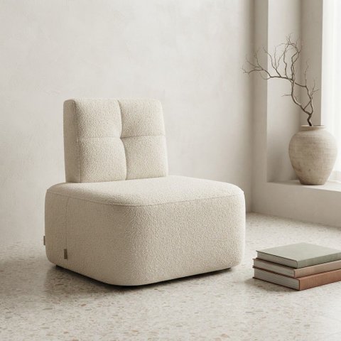 Poltrona Orgânica Quadrada Recepção Sala Estar Bouclé Bege